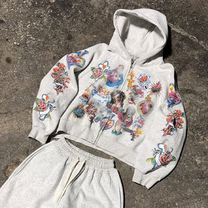 Conjuntos de pantalones de chándal de peso pesado con logotipo personalizado de algodón 100%, sudadera recortada con estampado de pantalla y Sudadera con capucha, chándal, chándal - Product Image 4