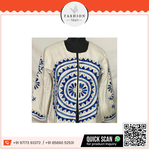 Suzani แจ็กเก็ตผ้าฝ้ายสีขาวปักด้วยมือคุณภาพสูงสำหรับผู้หญิงสไตล์โบฮีเมียนลวดลายดอกไม้สีฟ้าที่ซับซ้อน - Product Image 4