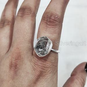 แหวนหินดิบสำหรับผู้หญิง แหวนเพชรเฮอร์คิเมอร์ธรรมชาติ แหวนเรียบง่าย ของขวัญวันคริสต์มาส วันเกิด แหวนเงินแท้ 925 - Product Image 2