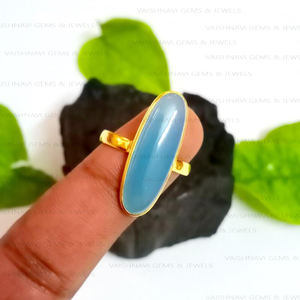 Venta caliente 8x25mm Oval Natural Calcedonia azul Eternity Vermeil 925 Anillos finos de plata esterlina Declaración Joyería Regalo - Product Image 1