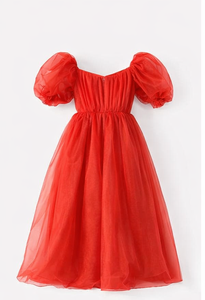 Robe de soirée de mariage de luxe rouge en organza, grande taille, assortie mère-fille, col en V, coupe trapèze, longueur ras du sol, épaules dénudées, manches bouffantes - Product Image 3