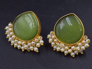 Boucles d'oreilles tendance, nouvelles boucles d'oreilles de créateur, boucles d'oreilles tendance, plaquées or, acier inoxydable, pierre naturelle, pierre ronde - Product Image 3