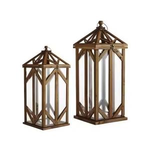 Juego de tres farolillos colgantes de madera y vidrio hechos a mano, diferentes tamaños para uso doméstico, hotel, boda o decoraciones navideñas - Product Image 5