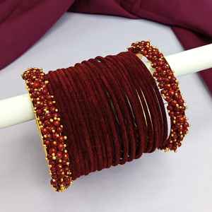 Indian Bridal Bangle Set Gold Plated Faux Pearl Beaded Velvet Bangle Bracelet For Women Jewelry Wholesale, <b>Maroon</b> - Product Image 1