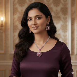 LIGHT FLOWER OF MOISSANITE DIAMONDS AND <b>PINK</b> STONE EARRINGS AND PENDENT <b>SET</b> - Product Image 3