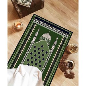 Tapis de prière islamique vert au design mosquée : Tapis imprimé facile à nettoyer, tapis fin non tissé - Product Image 4