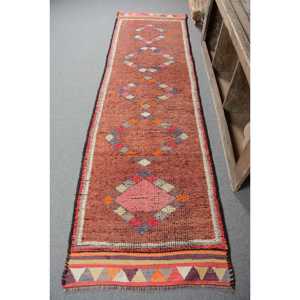 2.9x10.1 ft Vintage <b>Runner</b> Rug, <b>Red</b> Orange Turkish Floral Wool Rug - Product Image 1