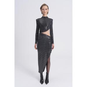Sequined Deep Slit and Low Waist Midi <b>Dress</b> - <b>Silver</b> - Product Image 5
