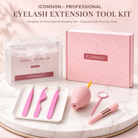 Kit de démarrage pour extensions de cils : applicateurs roses, pinces, supports pour anneaux de colle, bandes adhésives pour cils, tapis de travail et brosse de nettoyage