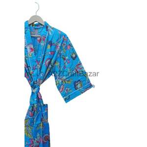 Robe de chambre kimono traditionnelle pour femmes, 100% coton, longue, style bohème hippie, robe d'été et de printemps avec imprimé floral, nouvelle tenue de nuit - Product Image 3