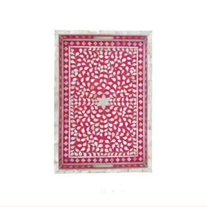 Bandejas de madera indias de la mejor calidad rosa, incrustaciones de hueso de tendencia y madre de perlas, bandejas de servicio grises rectangulares hechas a mano - Product Image 6
