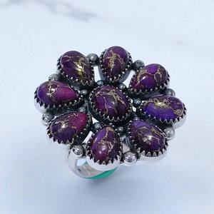 แหวนเงินแท้ 925 ลายดอกไม้สีม่วงทองแดงเทอร์ควอยซ์ สำหรับงานหมั้นและงานแต่งงาน สำหรับผู้หญิง เครื่องประดับทำมือ - Product Image 2