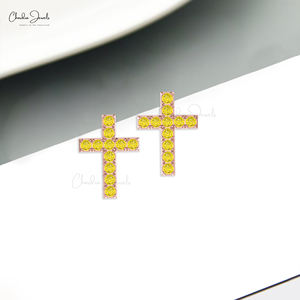 Customized 14K Solid <b>Gold</b> 1.1 TCW Yellow <b>Sapphire</b> Cross Stud <b>Earrings</b> Luxury Fine Jewelry for Women for Parties and Gifts - Product Image 2