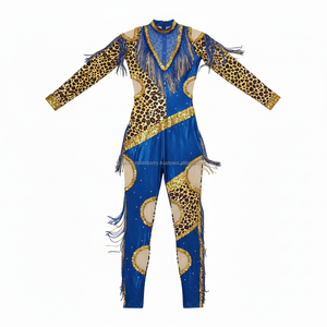 Dancewear <b>Blue</b> Shimmer Metallic Bodysuit Women's Full Length Performance Outfit with Mesh Cut-outs and Sequins - Product Image 5