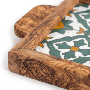 Plateau de service carré élégant en bois d'olivier et céramique, plateau ottoman pour la décoration moderne de table basse - Product Image 3