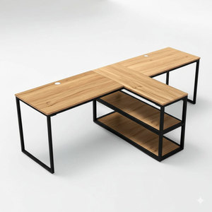 HBMN021 Minimalist Melamine Cluster <b>Desk</b> for 2 People L-Shaped Office Furniture with Shelving for Side-By-Side <b>Work</b> - Product Image 1