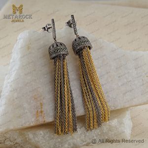 Yellow Vermeil Oxidized 925 Silver Pave Diamond Designer Push <b>Back</b> Handmade Tassel Chain <b>Earrings</b> Jewelry Wholesale - Product Image 3