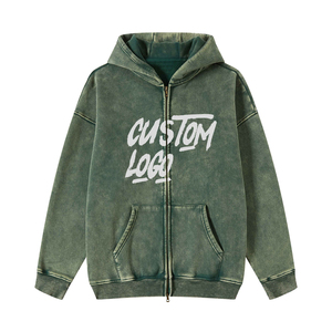 Sudadera con capucha con cremallera lavada con ácido Logotipo personalizado Cremallera de gran tamaño Fleece con parche desgastado Apliques Bordado Sudadera con capucha para hombres - Product Image 1