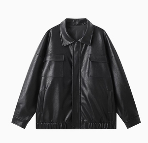 Moda personalizada negro Faux cuero poliéster abrigo chaqueta de gran tamaño de manga larga hombres de talla grande a prueba de viento - Product Image 3