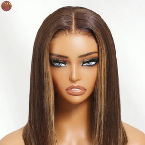 Peluca Bob de <span class=keywords><strong>Cabello</strong></span> Humano 100% Liso Marrón <span class=keywords><strong>con</strong></span> Reflejos Caramelo, Nudos Pre-Decolorados, Sin Pegamento, <span class=keywords><strong>con</strong></span> Encaje Frontal para Mujer - Product Image 1