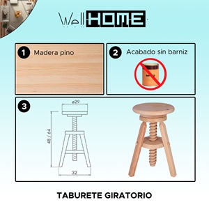 WELL HOME Tabouret pivotant rond en bois, finition non vernie, 32x48-64cm, tabourets et poufs - Product Image 2