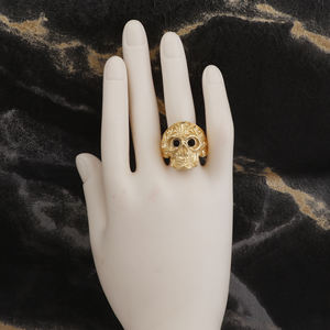 Onyx noir crâne plaqué or gravé bague Unique Style Boho réglable Onyx pierres précieuses bijoux en laiton délicat pierre de naissance anneaux - Product Image 3