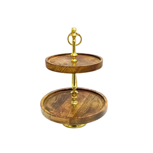 Soporte de pastel redondo de madera de mango de 2 niveles con accesorio dorado Buffet Original pulido de madera de acacia respetuoso con el medio ambiente más vendido - Product Image 1