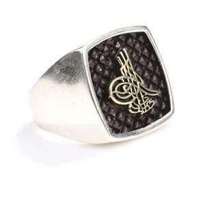925 Sterling <b>Silver</b> Men's <b>Ring</b> Embossed Ottoman Tughra <b>Emerald</b> Cut Agate Amethyst Set Rhodium Plating Floral for Everyday Wear - Product Image 2