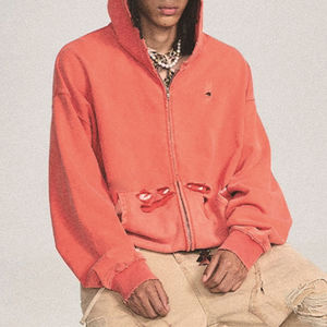 Sudadera con Capucha para Hombre, Estilo Vintage, Holgada, con Bolsillo Tipo Canguro, Hombros Caídos, Manga Larga, Estampada, Desgastada, con Cierre - Product Image 4