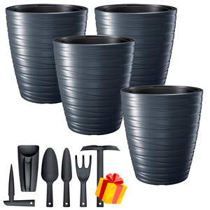 Juego de 4 macetas de plástico Maze con depósito de 16L en color antracita, 29.6 x 29.6 x 32.9 cm + Juego de 6 herramientas de jardinería GRATIS - Product Image 1