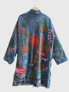 Manteau long à motif floral brodé à la main, veste en velours pour femmes grande taille, col mandarin, manches longues, vêtements d'hiver - Product Image 3
