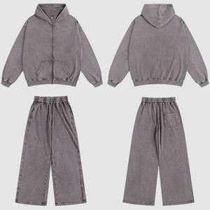 Ensemble de survêtement décontracté à coupe ample avec fermeture éclair et effet délavé, pantalon de jogging ample et évasé, sweat-shirt à capuche uni - Product Image 1
