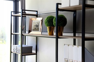 Soportes altos de TV de metal de estilo moderno con estantes y bandejas de madera Estantes Organizadores de muebles para el hogar interior - Product Image 5