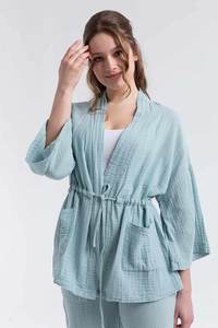 Open Front Crinkle Cotton Kimono Robe Drawstring Boho <b>Cardigan</b> Regular Fit Summer Layer Pleated Daily Wear Short Solid Washed - Product Image 3