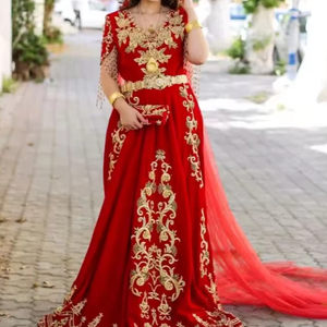 Designer 2024 <b>Red</b> <b>Silk</b> Caftan Dress with Gold Zari Embroidery Crystal Glass Beads Pearls Dabka Work - Product Image 1