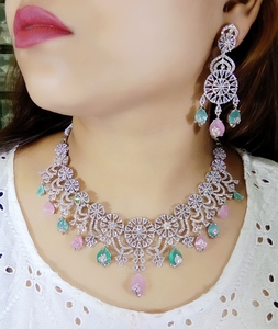 Anti Tarnish AD <b>Diamond</b> Jewellery Necklace Set With Matching <b>Earring</b> Maang tikka <b>Square</b> Shape Stone for Women and Girls - Product Image 4