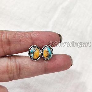 Boucles d'oreilles clous pour femmes, pierre précieuse turquoise cuivre naturelle, cadeau de Noël, bijoux faits à la main, boucles d'oreilles clous en argent sterling 925 - Product Image 4