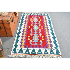 Alfombra Vintage, Alfombra Turca Decorativa de 3.3x6.1 pies, Alfombra Kilim con Diseño Floral Rojo y Azul - Product Image 1