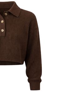 <b>Womens</b> Brown Ribbed Knit Cropped Polo Sweater With Button Placket Long Sleeve Soft Winter Fashion <b>Top</b> For <b>Women</b> Casual Wear <b>Warm</b> - Product Image 4