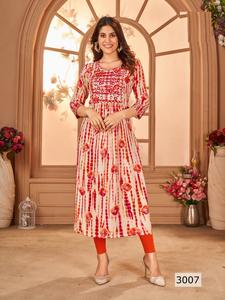 Dernière collection Fancy Heavy Rayon Festive Wear Kurtis Naira Cut avec Shibori Foil Prints - Product Image 3