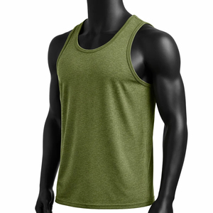 Débardeur vert olive sans manches pour homme, débardeur décontracté en tricot, haut en coton uni à col rond, débardeur en coton noir - Product Image 1