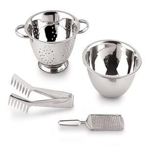 Essential Stainless Steel Kitchen Set Stocked Metal Colander Mixing Bowl Pasta <b>Tongs</b> & Grater - Product Image 1