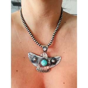 Kingman Turquoise Sterling Silver Pendant Eagle Shape Bezel Setting Rhodium Box Princess Cut Diamond-Chimney Butte Collection - Product Image 2