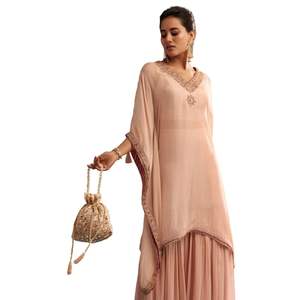 Caftan Sharara brodé rose blush ensemble en organza de luxe fête et réception de mariage porter tenue de créateur pour femme - Product Image 4