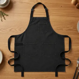Delantal de Lona Resistente Clásico Negro Reutilizable con Cintura Ajustable y Tres Bolsillos para Cocinar - Product Image 1