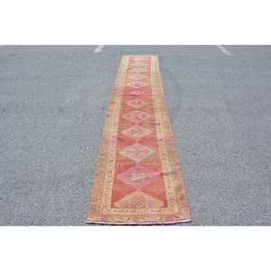 Vintage 2.5 X 12.7ft Turkish Rug Orange Pink Patchwork Design Classic for Living Rectangle Hallway Wool Viscose Polyester Latex - Product Image 1