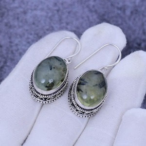 Boucles d'oreilles de style bohème plaqué argent sterling 925 à la mode pierre précieuse de Prehnite naturelle lunette en pierre naturelle approvisionnement d'anniversaire - Product Image 1