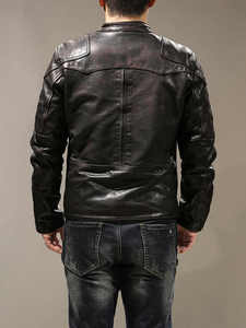 Chaqueta de moto de cuero de caballo con patrón sólido personalizado para hombre, cuello levantado, piel de oveja genuina con pliegues, teñido liso - Product Image 2
