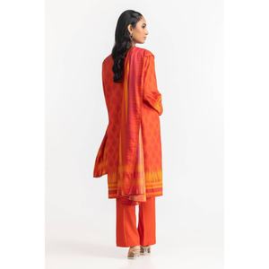 Ensemble 3 pièces en crêpe tricoté imprimé Dhanak orange pour femme, brodé, décontracté, pour le quotidien, avec haut en spandex, tailles XXL XL, collection Printemps - Product Image 3