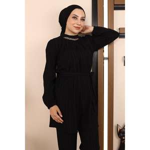 Ensemble décontracté noir avec détails chaîne MSW19140-1, hauts longs mi-longueur - Product Image 2